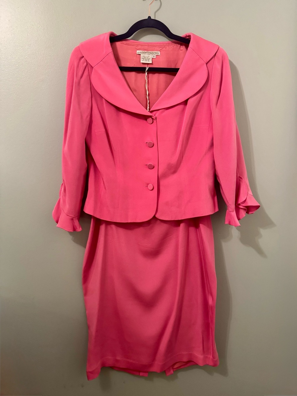 Vintage Maggy London Vibrant Pink Two-Piece Silk Skirt Suit Set Size 12